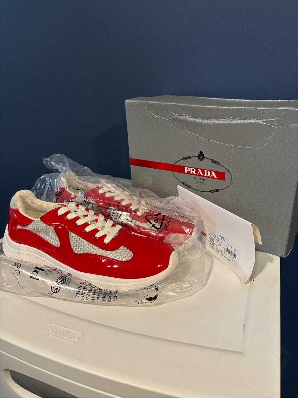 Prada Red and White Patent-Trim Sneakers